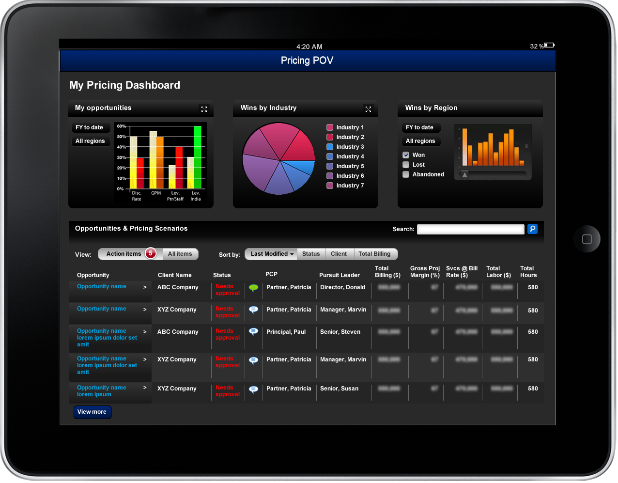 Engagement pricing tool for iPad